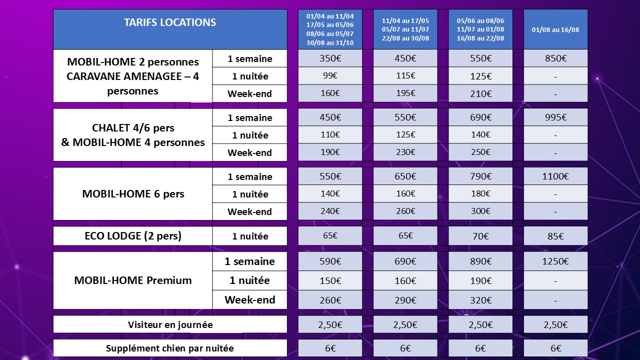 Tarifs Location - Camping Le Canada - Saint Marcouf